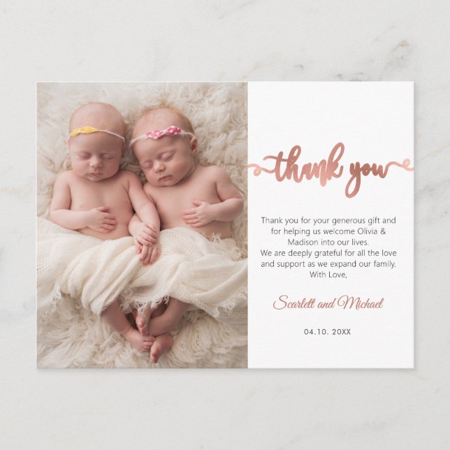 Rose Gold Script Girl Twins Baby Photo Thank You  Postcard (Front)