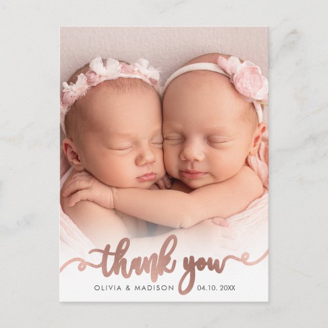 Rose Gold Script Girl Twins Baby Photo Thank You Postcard (Front)