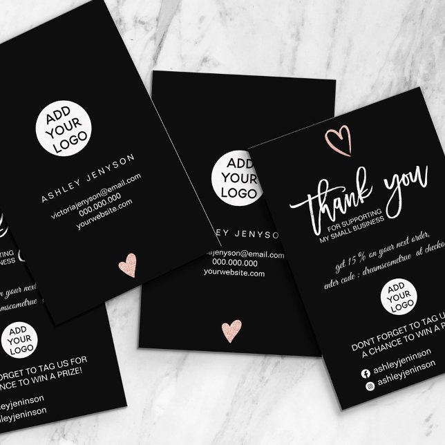Rose gold script heart black logo order thank you business card (Creator Uploaded)