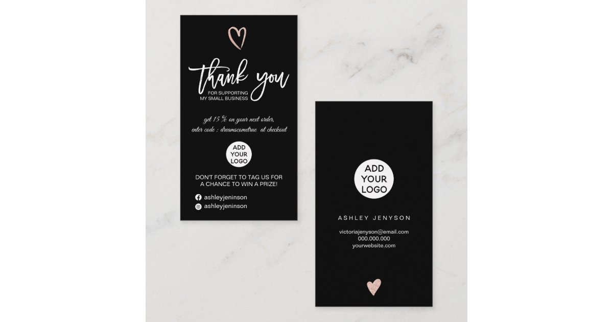 Rose gold script heart black logo order thank you business card ...