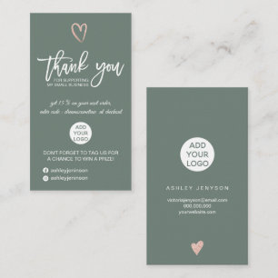 Rose gold script heart green logo order thank you business card