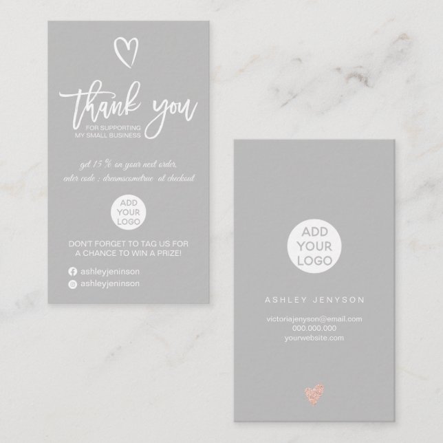 Rose gold script heart grey logo order thank you business card (Front/Back)