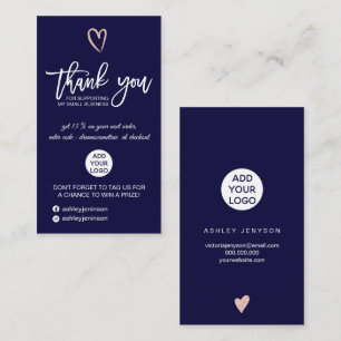 Rose gold script heart navy logo order thank you business card