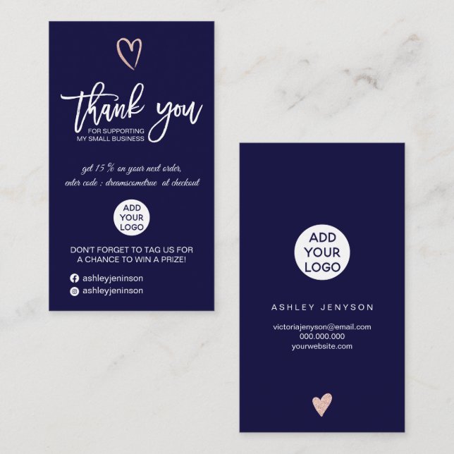 Rose gold script heart navy logo order thank you business card (Front/Back)