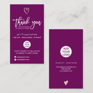 Rose gold script heart plum logo order thank you business card