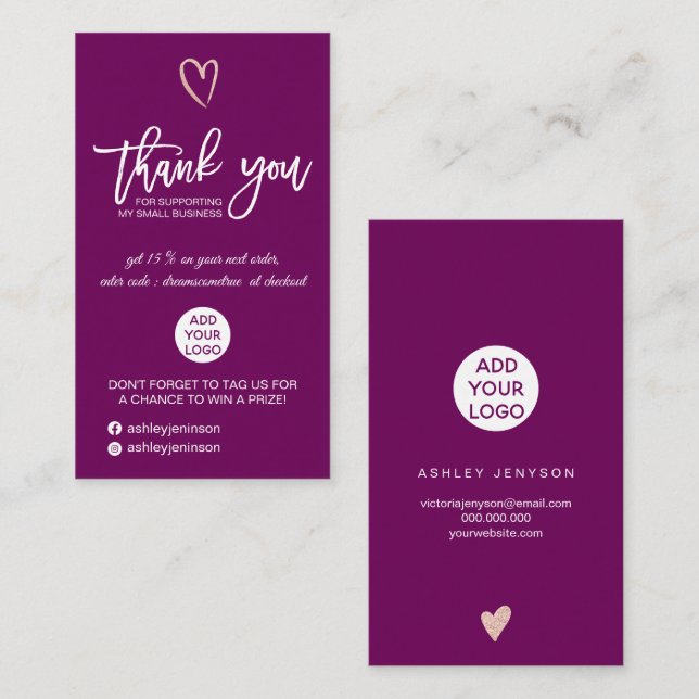 Rose gold script heart plum logo order thank you business card (Front/Back)
