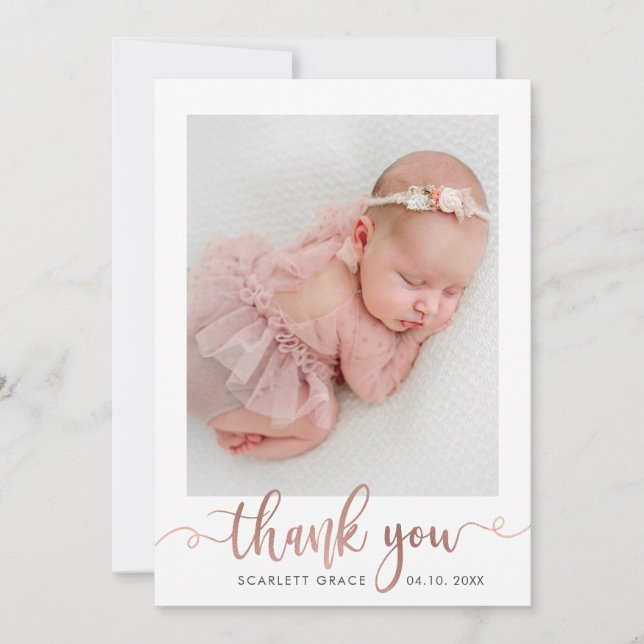 Rose Gold Script Minimalist Baby Photo Thank You (Front)