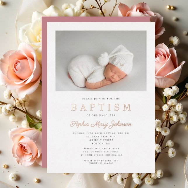 Rose Gold Script Modern Pink Photo Girl Baptism (Rose Gold Script Modern Pink Photo Girl Baptism Foil Invitation)