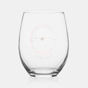 Rose Gold Script Monogram Letter A Stemless Wine Glass