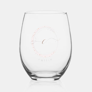 Rose Gold Script Monogram Letter C Stemless Wine Glass