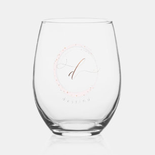 Rose Gold Script Monogram Letter D Stemless Wine Glass