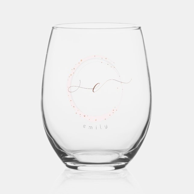 Rose Gold Script Monogram Letter E Stemless Wine Glass (Front)