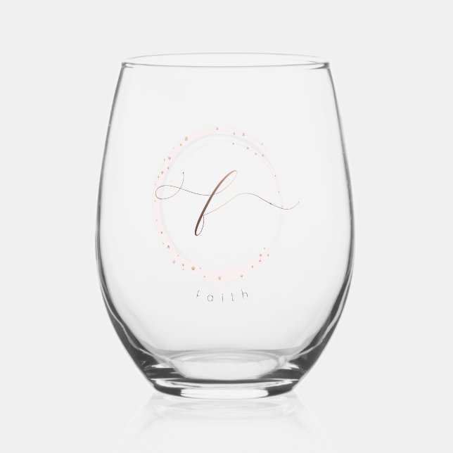 Rose Gold Script Monogram Letter F Stemless Wine Glass (Front)