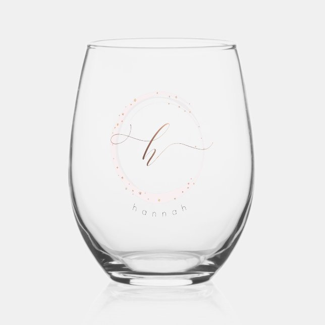 Rose Gold Script Monogram Letter H Stemless Wine Glass (Front)
