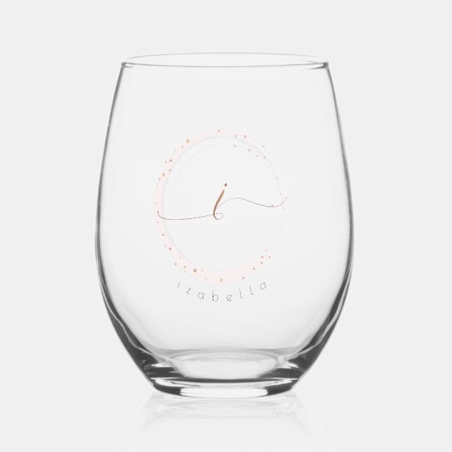 Rose Gold Script Monogram Letter I Stemless Wine Glass (Front)