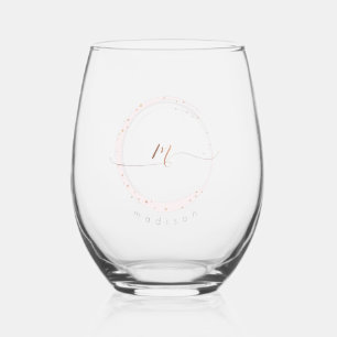 Rose Gold Script Monogram Letter M Stemless Wine Glass
