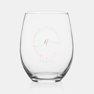 Rose Gold Script Monogram Letter N Stemless Wine Glass