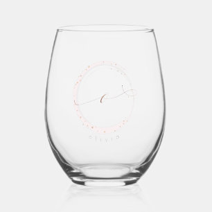 Rose Gold Script Monogram Letter O Stemless Wine Glass