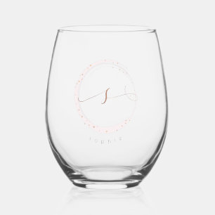 Rose Gold Script Monogram Letter S Stemless Wine Glass