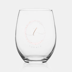 Rose Gold Script Monogram Letter T Stemless Wine Glass