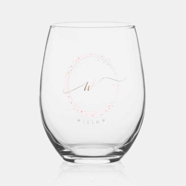Rose Gold Script Monogram Letter W Stemless Wine Glass (Front)
