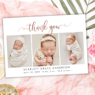 Rose Gold Script Newborn 3 Photo Collage Thank You
