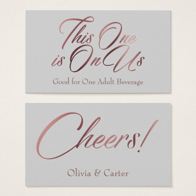 Rose Gold Script on Light Grey Drink Ticket Cards (Front & Back)