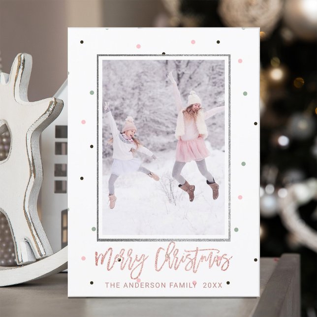 Rose Gold Script | Pastel Snow Christmas Photo Holiday Card (Creator Uploaded)