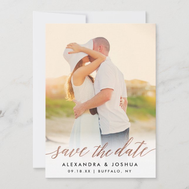 Rose Gold Script Photo Save the Date in Faux Foil (Front)