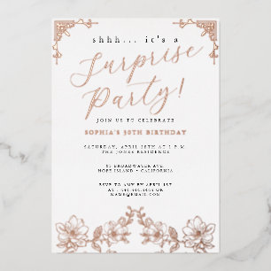 Rose Gold Script Rose Surprise Party Foil