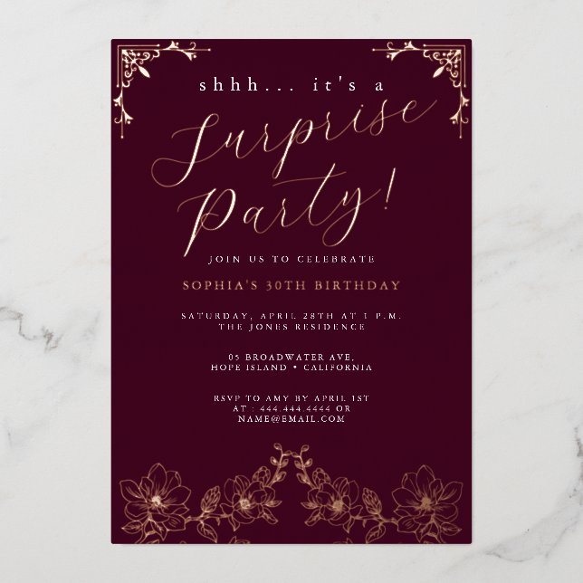 Rose Gold Script Rose Surprise Party Foil (Front)