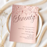 Rose gold script stars 70th birthday invitation<br><div class="desc">A modern,  stylish invitation for a 70th birthday party.  Rose gold gradient background and the word Seventy written with elegant large script letters in dark rose gold. Decorated with rose gold coloured stars. Personalise and add a name and party details.</div>