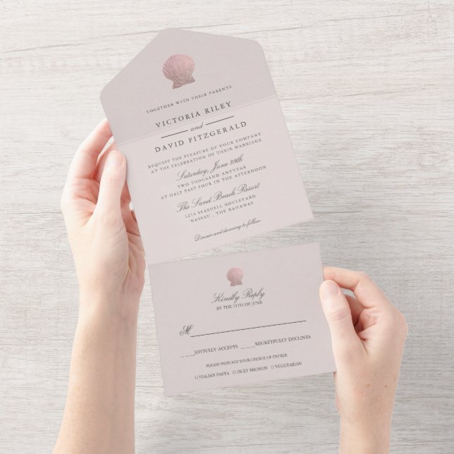 Rose Gold Seashell Elegant Ocean Beach WHITE All In One Invitation (Tearaway)