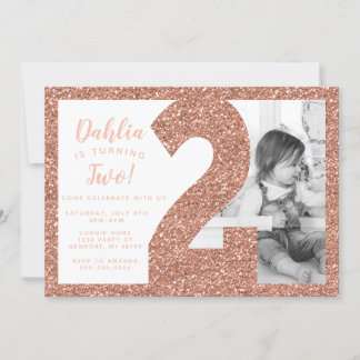 Rose Gold Second Birthday Invitation, Faux Glitter Invitation
