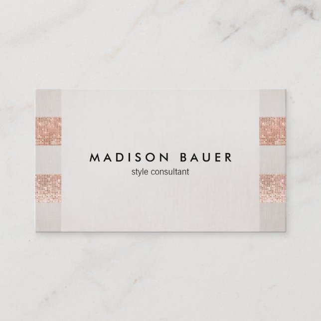 Rose Gold Sequin Beige Linen Beauty Salon Stylist Business Card (Front)