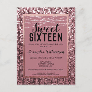 Rose Gold  Sequin/Glitter Sweet 16 Birthday Party Postcard