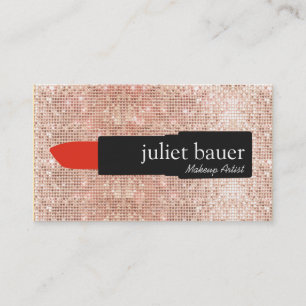 Rose Gold Sequin Modern Makeup Artist Lipstick Business Card