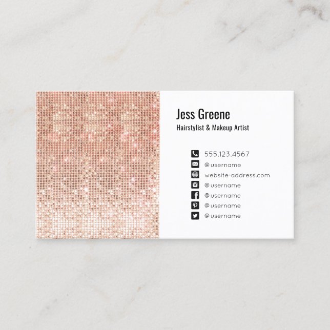 Rose Gold Sequins Social Media Icon Beauty Salon Business Card (Front)