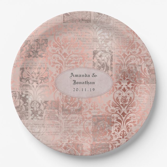 Rose Gold Shabby-Chic Damask Wedding Paper Plate (Front)