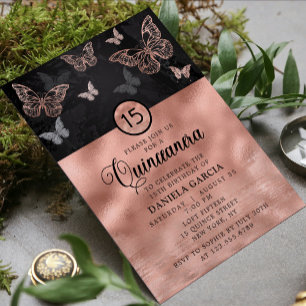 Rose Gold Shimmer Butterfly Modern Quinceañera Invitation