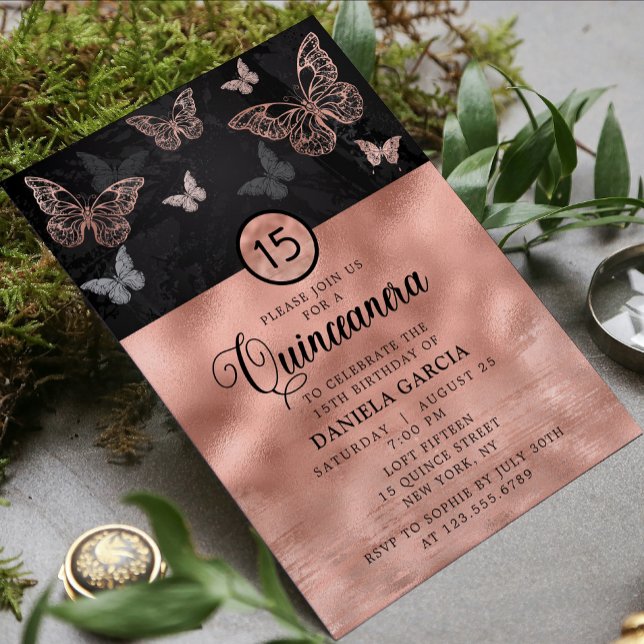 Rose Gold Shimmer Butterfly Modern Quinceañera Invitation (Creator Uploaded)