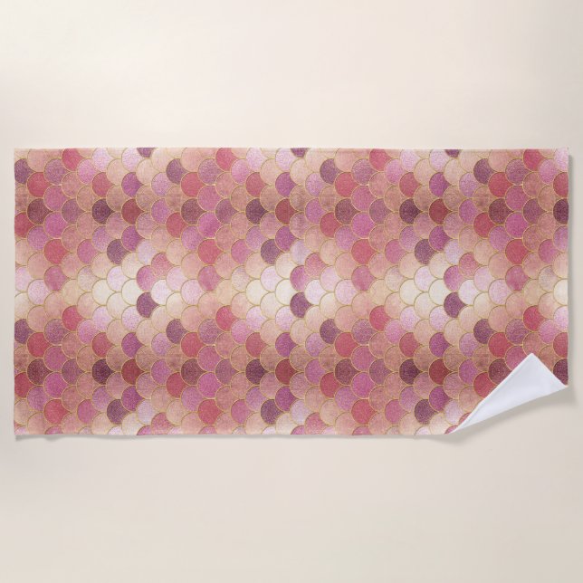Rose Gold Shimmer Mermaid Scale Pattern Beach Towel (Front)
