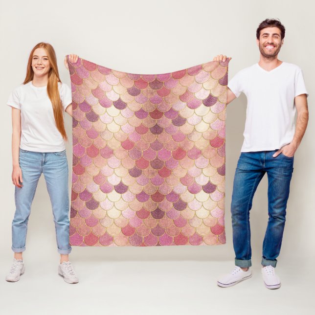 Rose Gold Shimmer Mermaid Scale Pattern Fleece Blanket (In Situ)