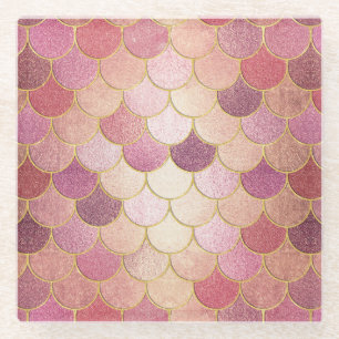 Rose Gold Shimmer Mermaid Scale Pattern Glass Coaster