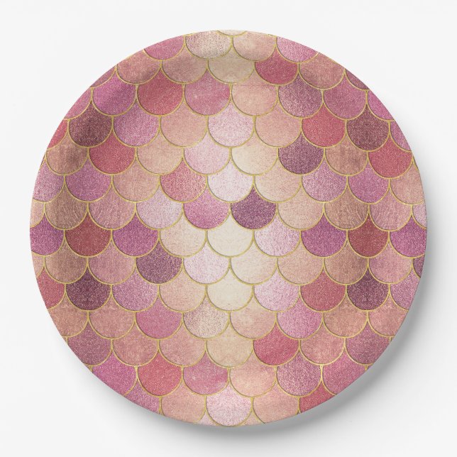 Rose Gold Shimmer Mermaid Scale Pattern Paper Plate (Front)