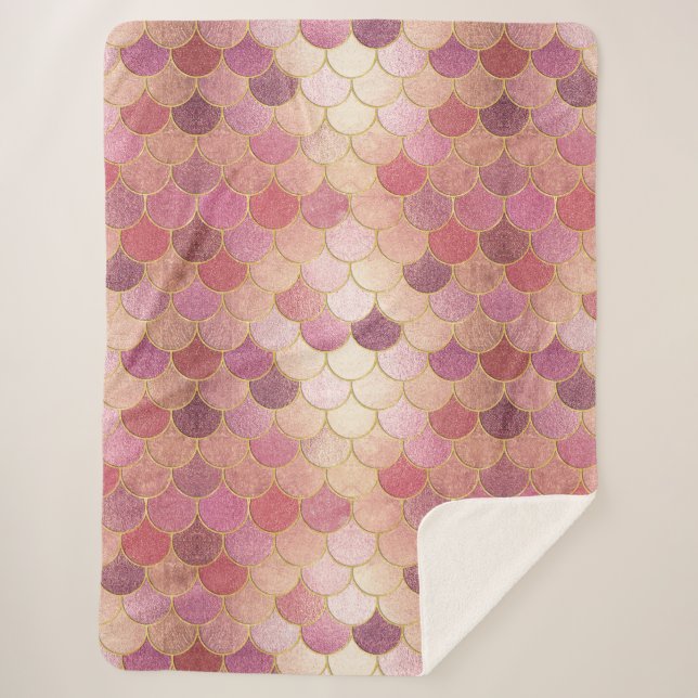 Rose Gold Shimmer Mermaid Scale Pattern Sherpa Blanket (Front)