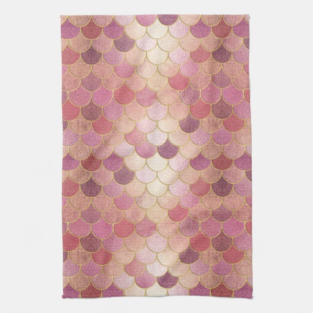 Rose Gold Shimmer Mermaid Scale Pattern Tea Towel (Vertical)