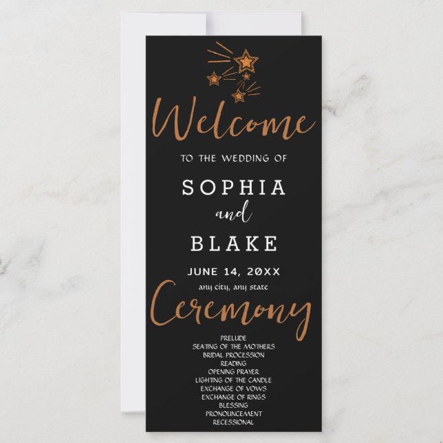 Rose Gold Shooting Stars Black Wedding Program (Front)