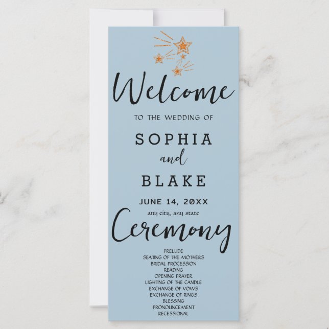 Rose Gold Shooting Stars Blue Grey Wedding Program (Front)