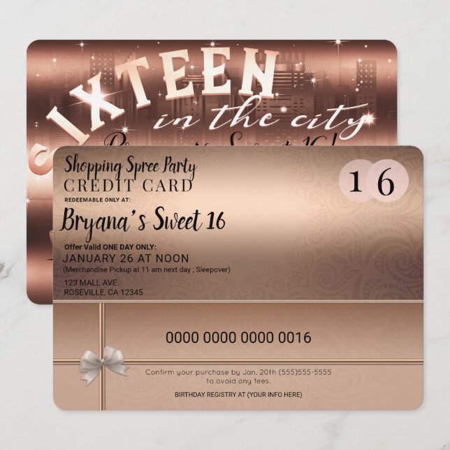 Rose Gold Shopping Spree City Limo Sweet 16 Party Invitation (Front/Back)